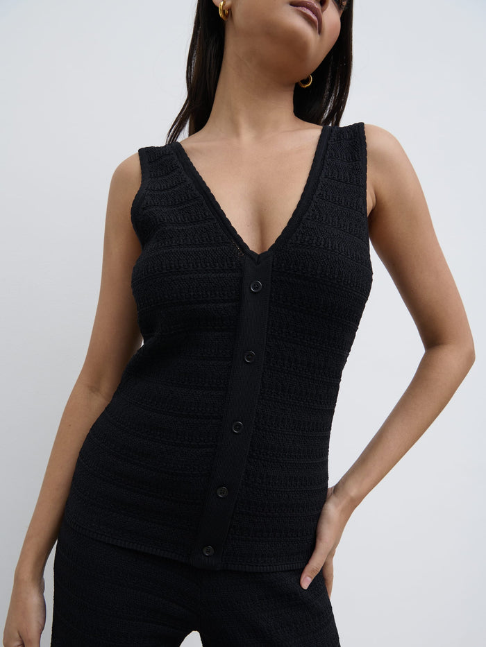 Candy Is 5'6" & Wears Size UK S|Bridget Crochet Knit Top - Black