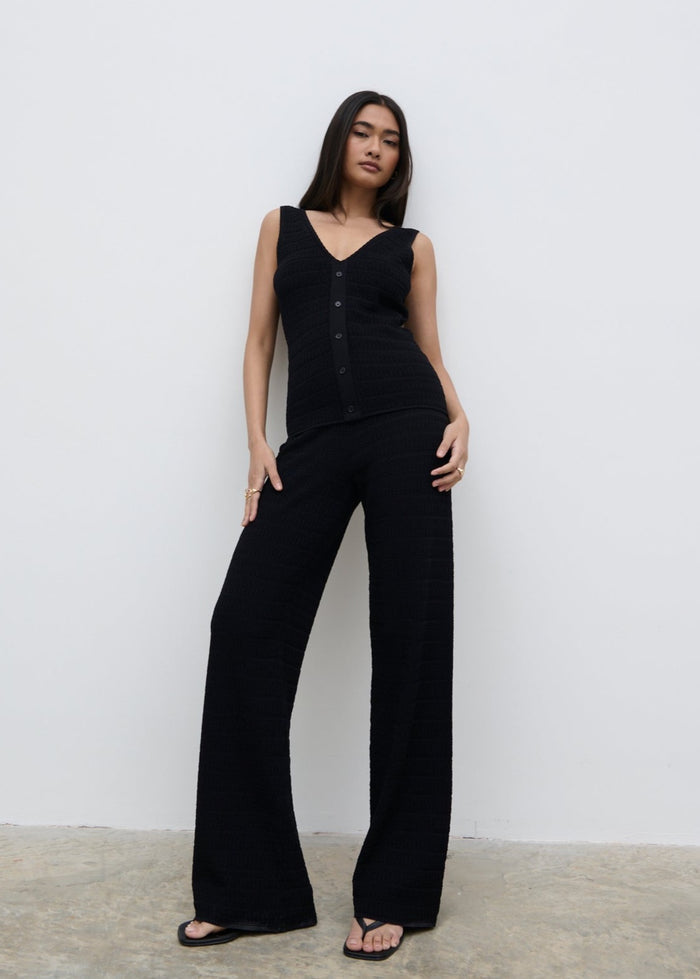 Candy Is 5'6" & Wears Size UK S|Bridget Crochet Knit Trousers - Black