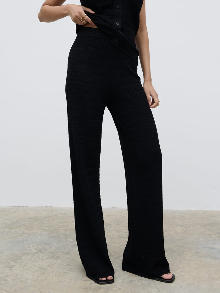 Candy Is 5'6" & Wears Size UK S|Bridget Crochet Knit Trousers - Black