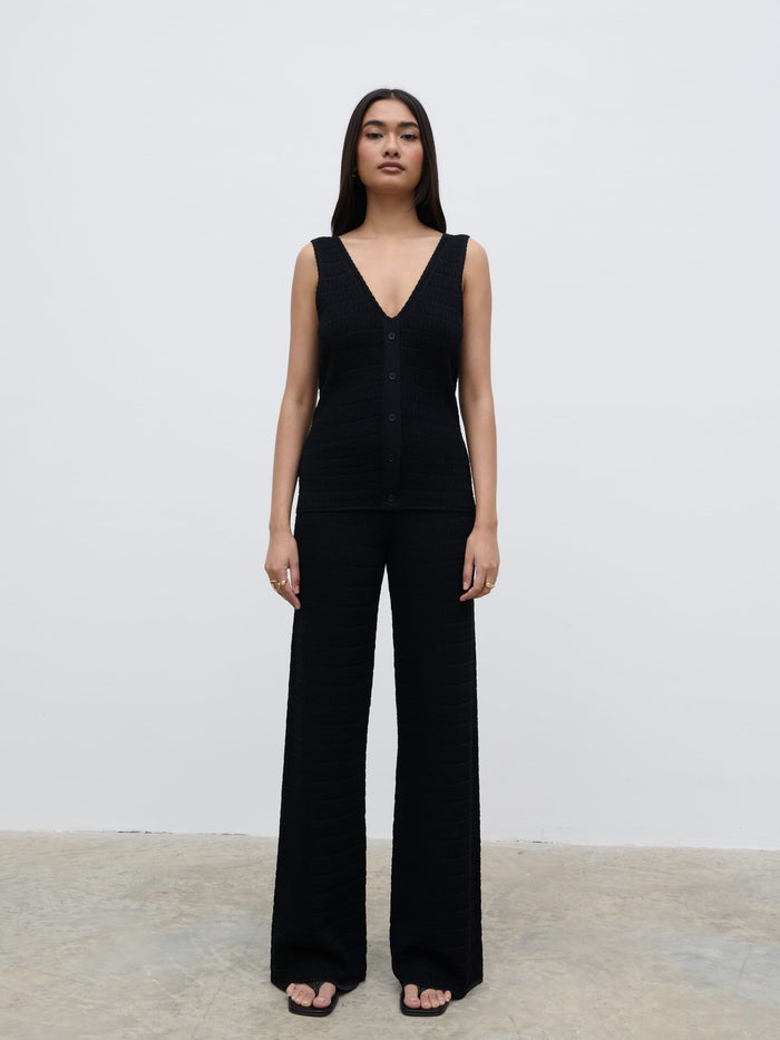 Candy Is 5'6" & Wears Size UK S|Bridget Crochet Knit Trousers - Black