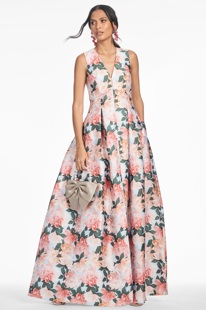 BROOKE GOWN - PEACH PEONIES - FINAL SALE