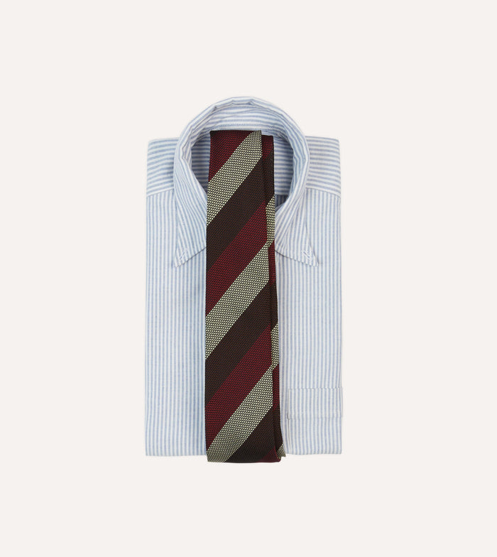 Brown, Red and Ecru Block Stripe Hand Rolled Silk Grenadine Tie