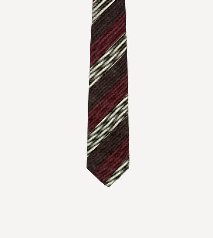 Brown, Red and Ecru Block Stripe Hand Rolled Silk Grenadine Tie