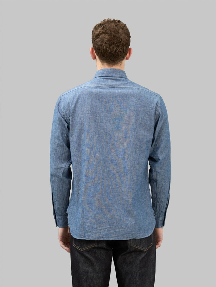 buzz ricksons blue chambray work shirt indigo relaxed back look