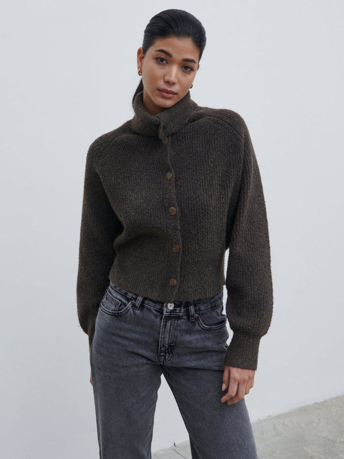 Bianca Is 5'9" & Wears Size UK XS|Camille High Neck Knit Cardigan - Bark