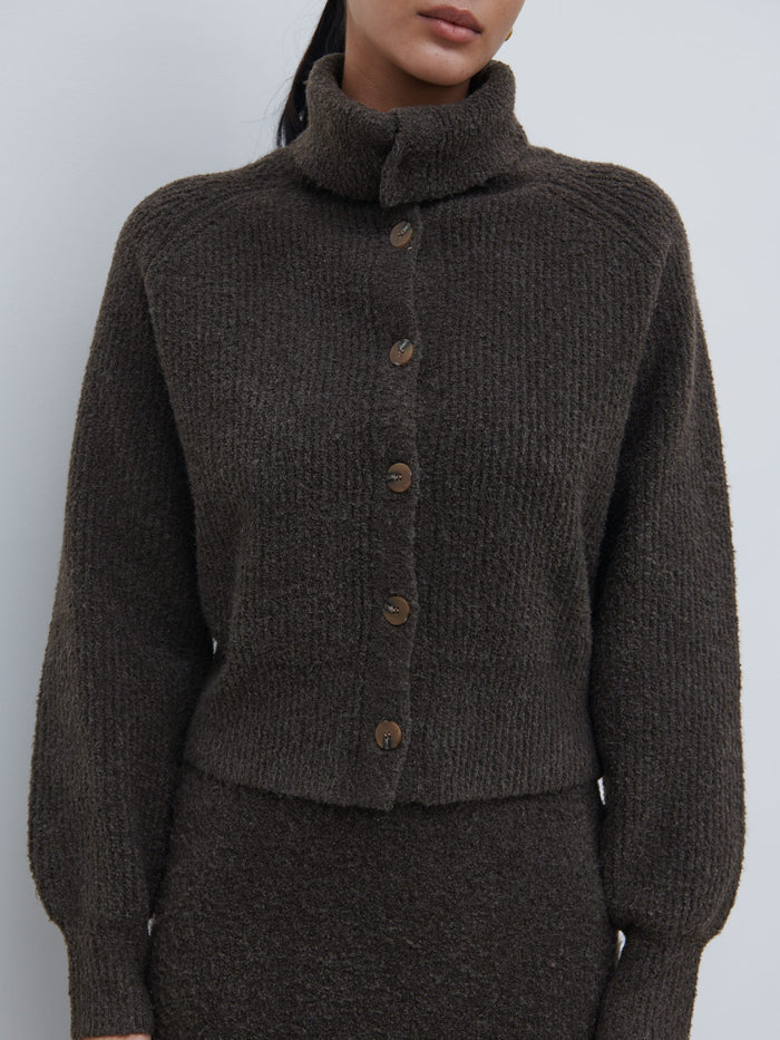 Bianca Is 5'9" & Wears Size UK XS|Camille High Neck Knit Cardigan - Bark