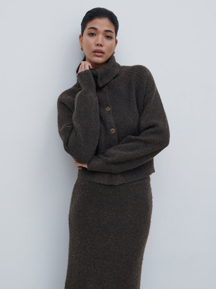 Bianca Is 5'9" & Wears Size UK XS|Camille High Neck Knit Cardigan - Bark