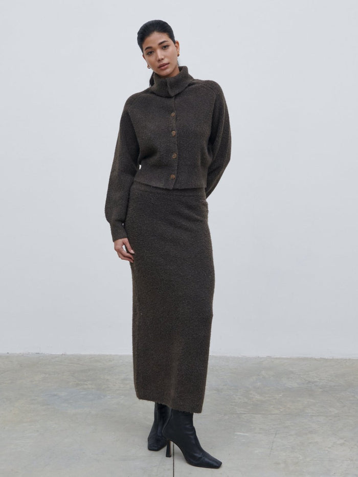 Bianca Is 5'9" & Wears Size UK XS|Camille High Neck Knit Cardigan - Bark