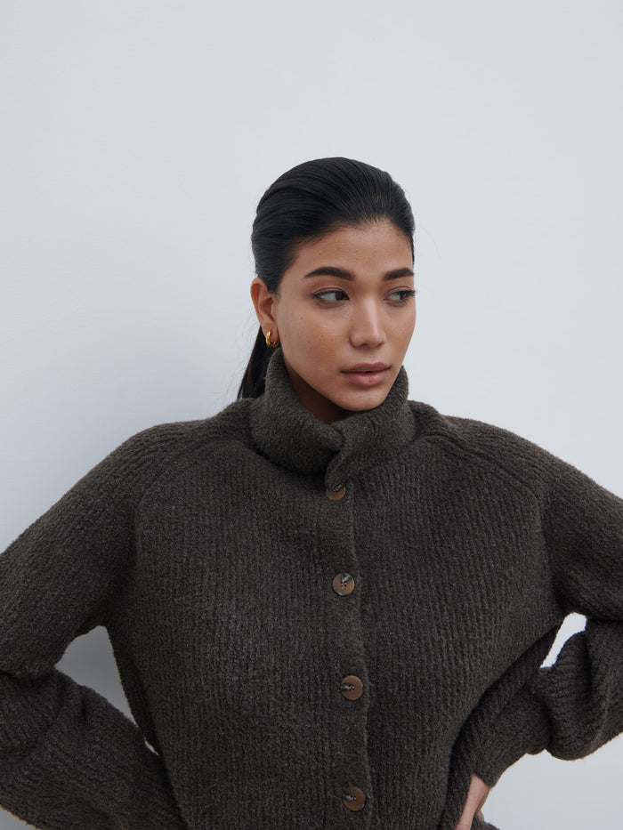 Bianca Is 5'9" & Wears Size UK XS|Camille High Neck Knit Cardigan - Bark