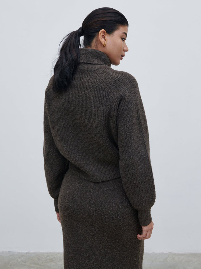 Bianca Is 5'9" & Wears Size UK XS|Camille High Neck Knit Cardigan - Bark