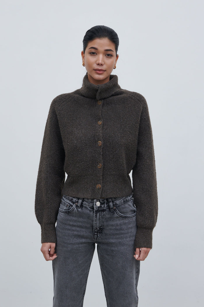 Bianca Is 5'9" & Wears Size UK XS|Camille High Neck Knit Cardigan - Bark