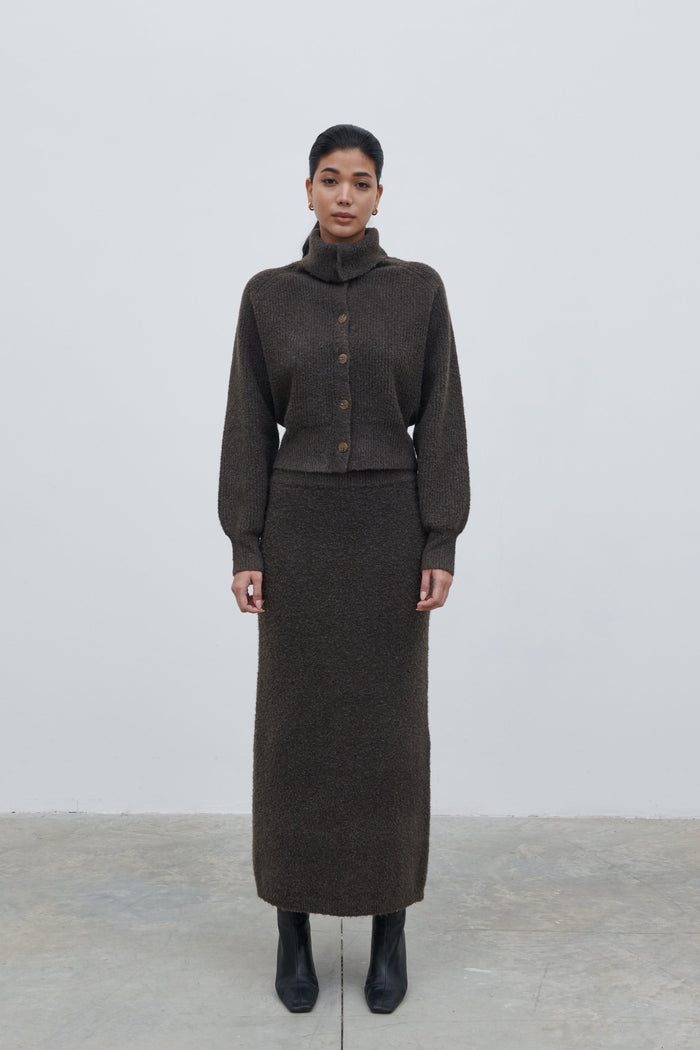 Bianca Is 5'9" & Wears Size UK XS|Camille High Neck Knit Cardigan - Bark