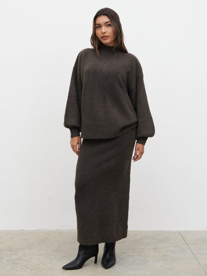 Lana is 5.9.5" & Wears Size UK S|Camille Midaxi Knit Skirt - Bark