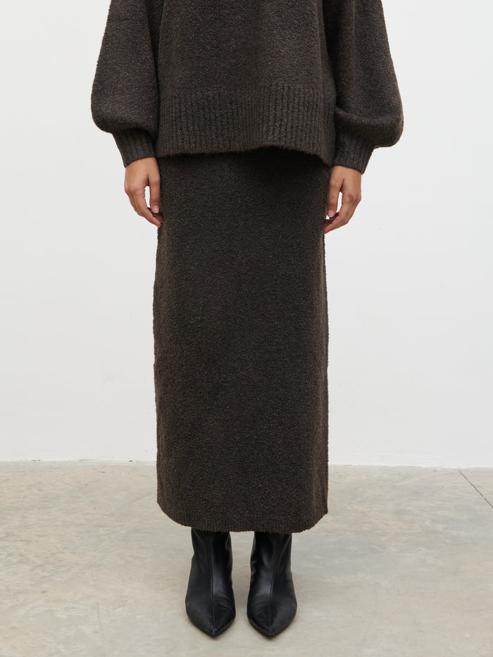 Lana is 5.9.5" & Wears Size UK S|Camille Midaxi Knit Skirt - Bark