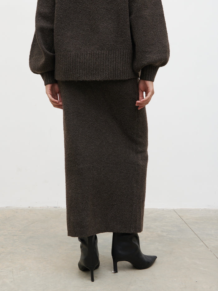 Lana is 5.9.5" & Wears Size UK S|Camille Midaxi Knit Skirt - Bark