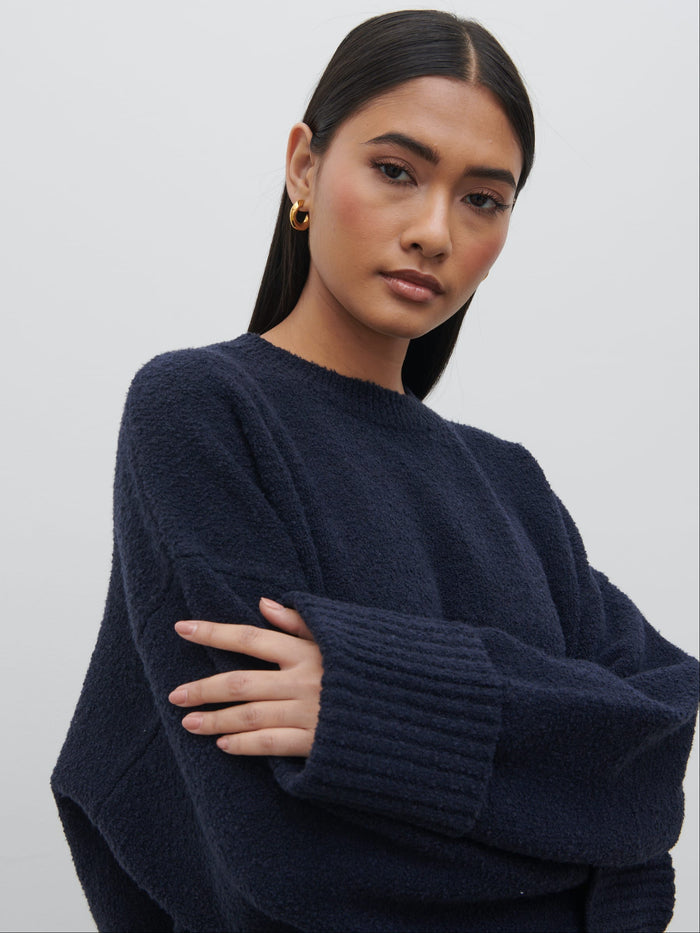 Candy Is 5'6" & Wears Size UK S|Camille Oversized Borg Jumper - Navy