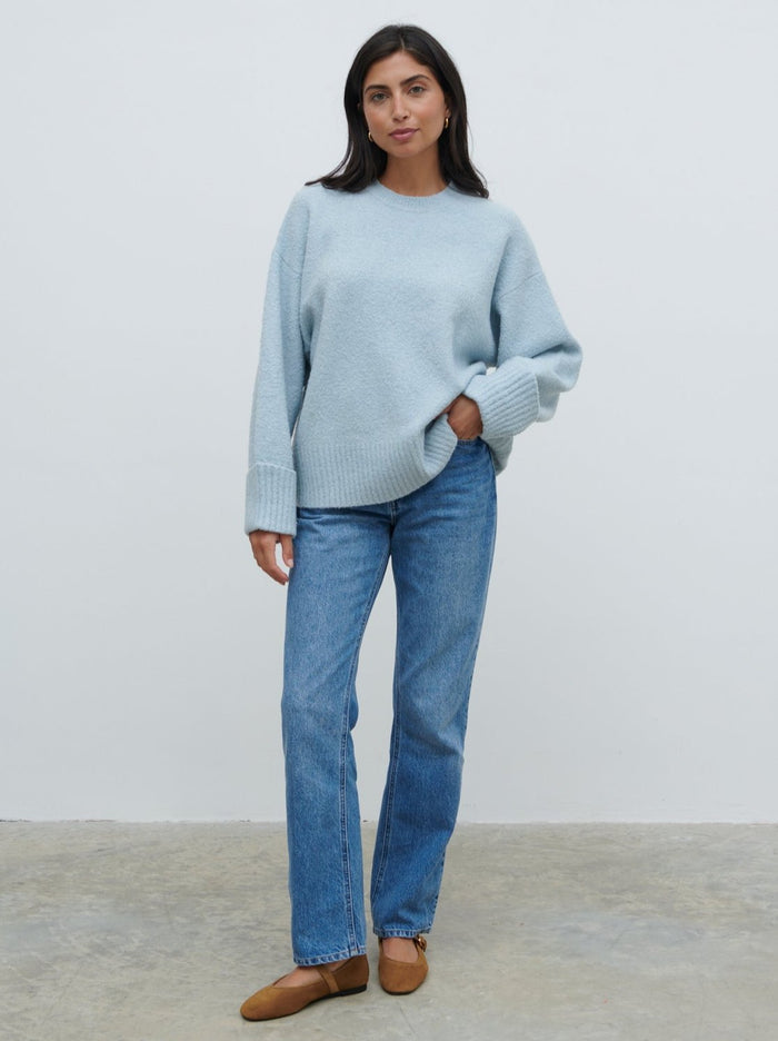 Lygia Is 5'9" & Wears Size UK S|Camille Oversized Borg Knit Jumper - Pale Blue