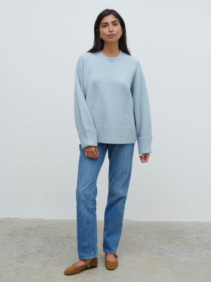 Lygia Is 5'9" & Wears Size UK S|Camille Oversized Borg Knit Jumper - Pale Blue