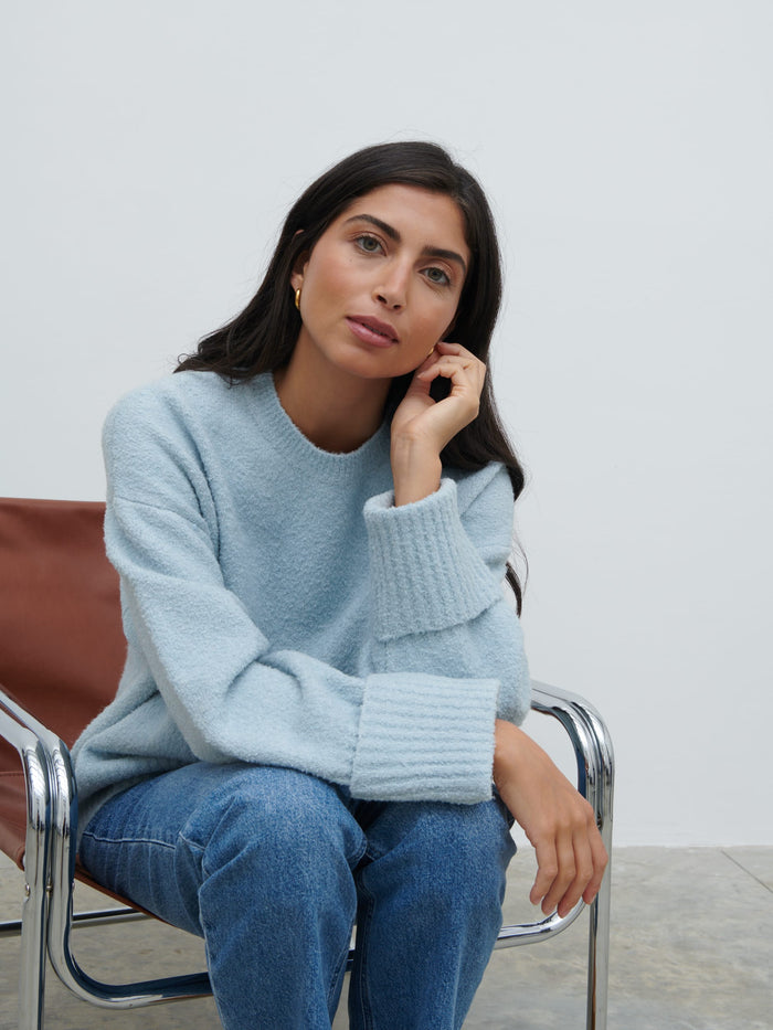 Lygia Is 5'9" & Wears Size UK S|Camille Oversized Borg Knit Jumper - Pale Blue