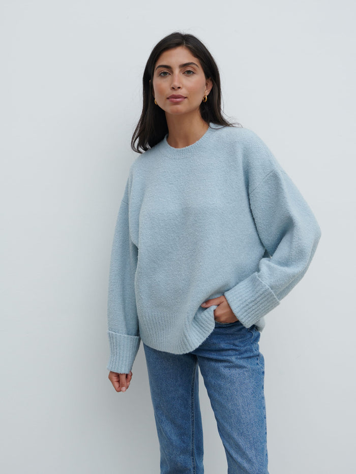 Lygia Is 5'9" & Wears Size UK S|Camille Oversized Borg Knit Jumper - Pale Blue