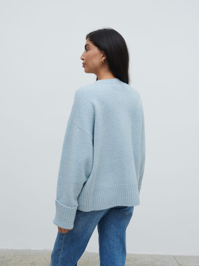 Lygia Is 5'9" & Wears Size UK S|Camille Oversized Borg Knit Jumper - Pale Blue