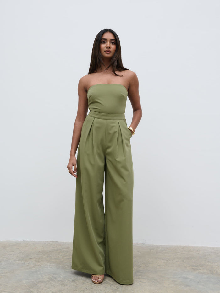 Sachi Is 5’7” & Wears Size UK 8|Campbell Bandeau Jumpsuit - Olive