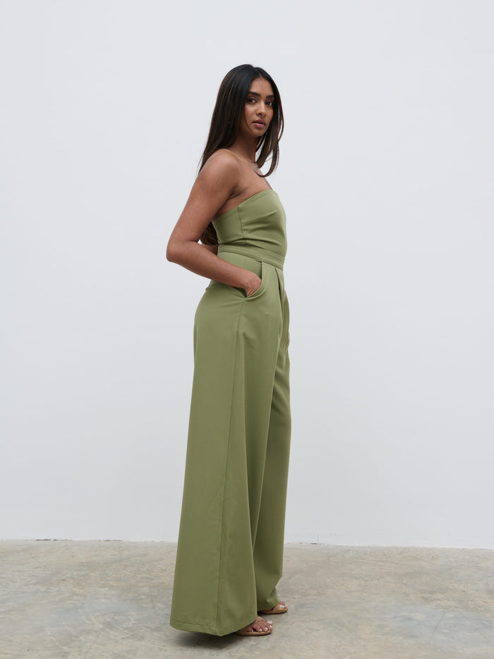 Sachi Is 5’7” & Wears Size UK 8|Campbell Bandeau Jumpsuit - Olive