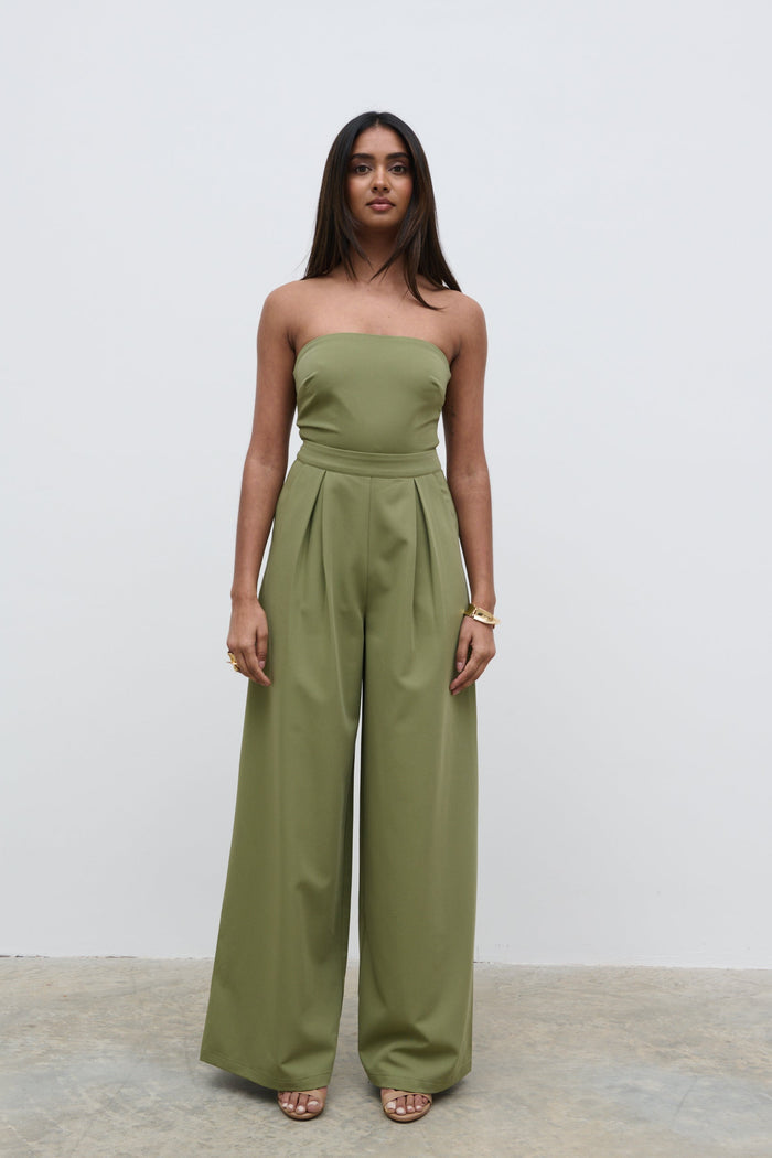 Sachi Is 5’7” & Wears Size UK 8|Campbell Bandeau Jumpsuit - Olive