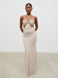 Elle Is 5'3" & Wears Size UK XS|Candice Halterneck Beaded Knit Maxi Dress - Stone