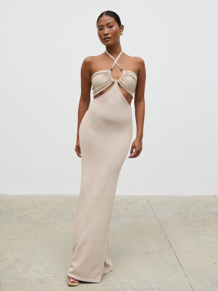Elle Is 5'3" & Wears Size UK XS|Candice Halterneck Beaded Knit Maxi Dress - Stone