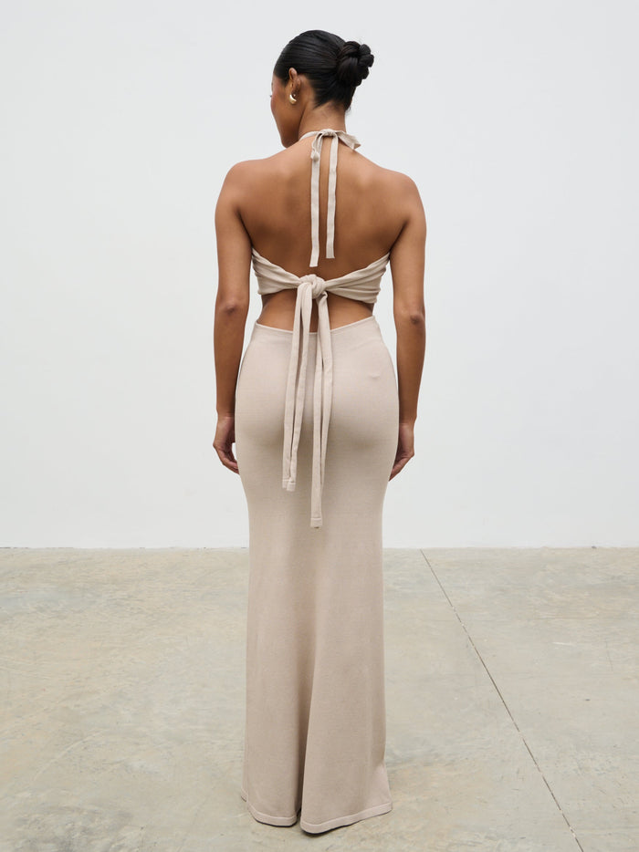 Elle Is 5'3" & Wears Size UK XS|Candice Halterneck Beaded Knit Maxi Dress - Stone