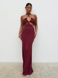 Elle Is 5'3" & Wears Size UK XS|Candice Halterneck Beaded Knit Maxi Dress - Wine