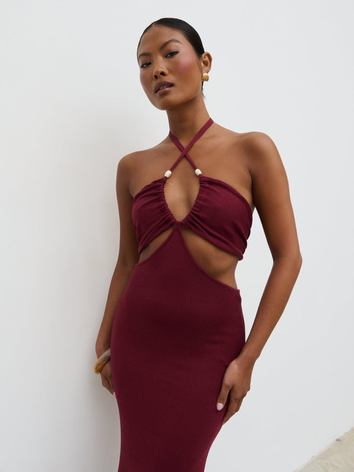 Elle Is 5'3" & Wears Size UK XS|Candice Halterneck Beaded Knit Maxi Dress - Wine