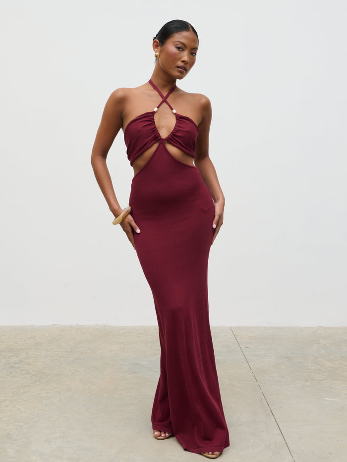 Elle Is 5'3" & Wears Size UK XS|Candice Halterneck Beaded Knit Maxi Dress - Wine