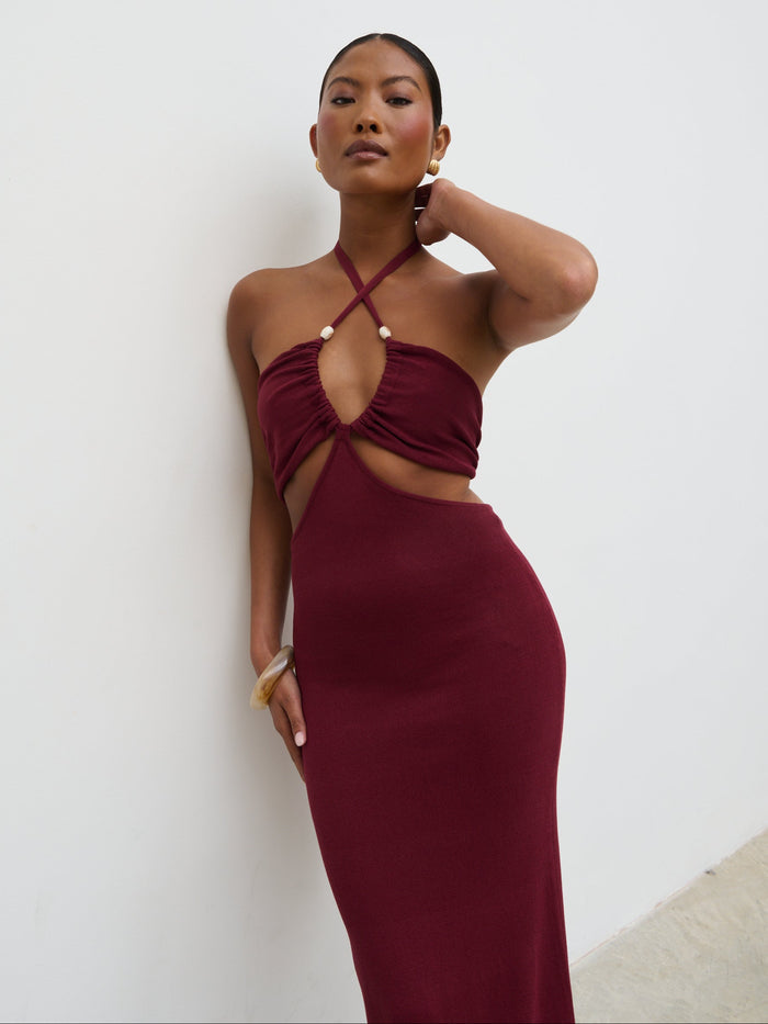 Elle Is 5'3" & Wears Size UK XS|Candice Halterneck Beaded Knit Maxi Dress - Wine