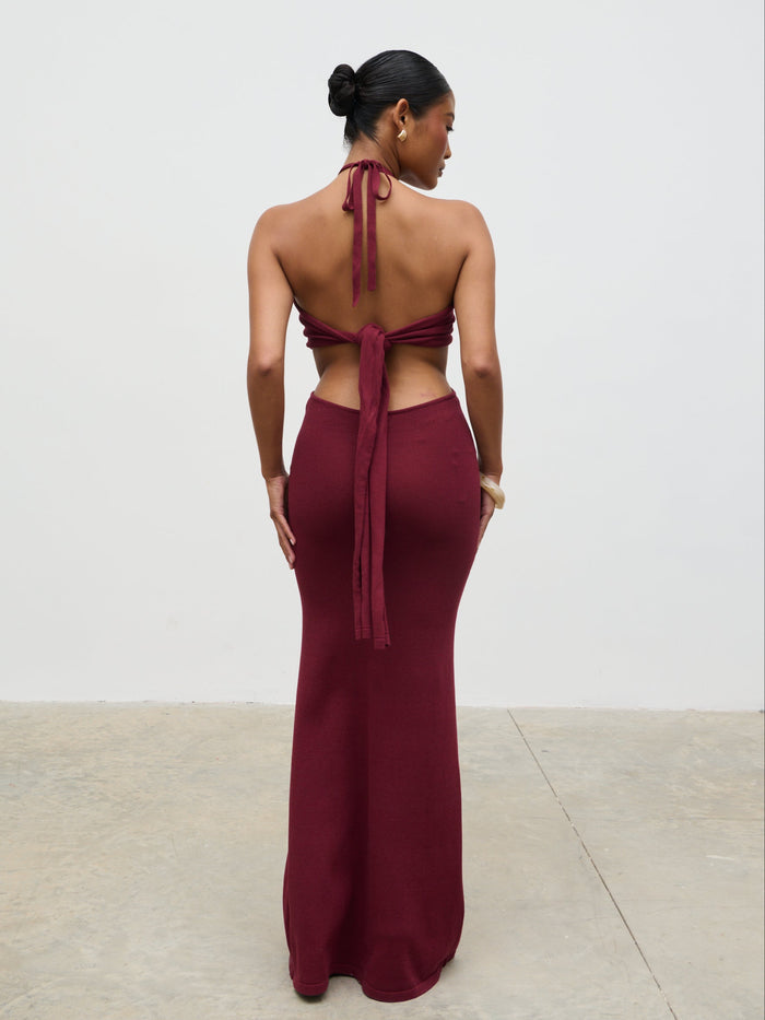 Elle Is 5'3" & Wears Size UK XS|Candice Halterneck Beaded Knit Maxi Dress - Wine