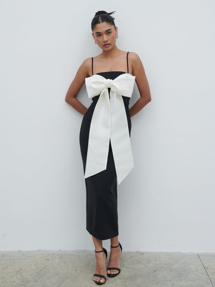 Candy Is 5'6" & Wears Size UK 8|Carena Extreme Bow Midaxi Dress - Black and Cream