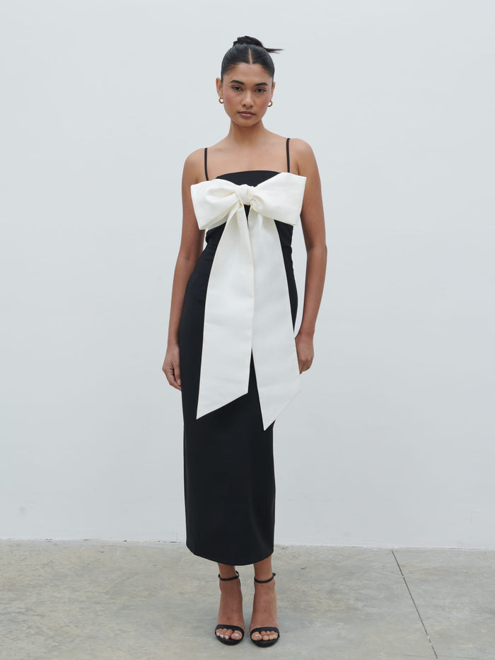 Candy Is 5'6" & Wears Size UK 8|Carena Extreme Bow Midaxi Dress - Black and Cream