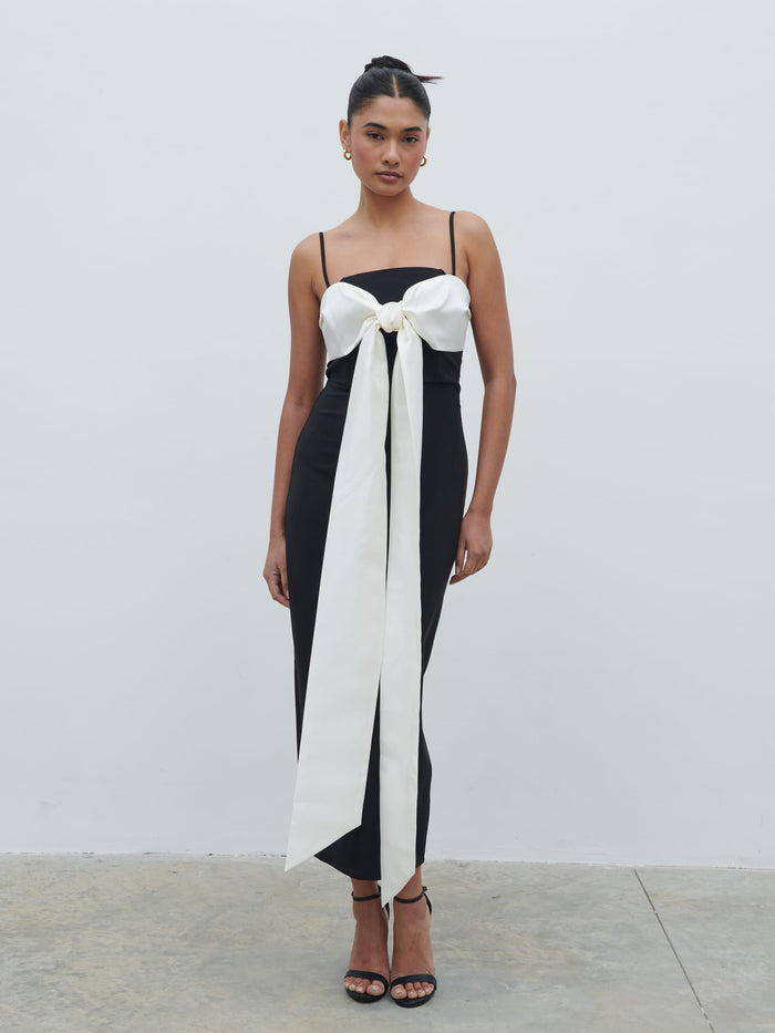 Candy Is 5'6" & Wears Size UK 8|Carena Extreme Bow Midaxi Dress - Black and Cream