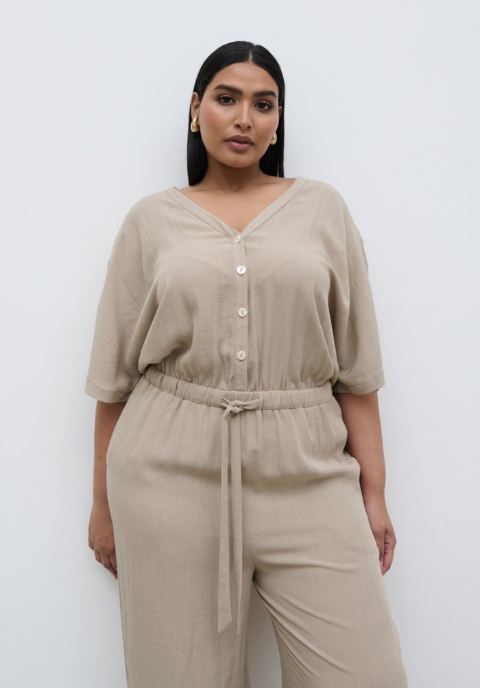 Souki Is 5'8" & Wears Size UK 18|Carey Easywear Jumpsuit Curve - Stone
