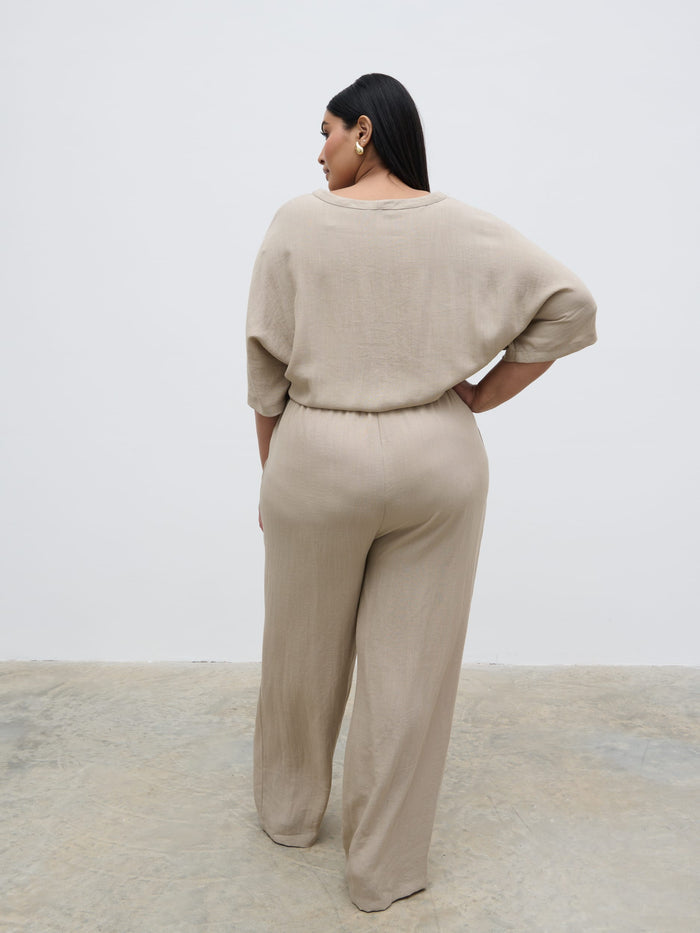 Souki Is 5'8" & Wears Size UK 18|Carey Easywear Jumpsuit Curve - Stone