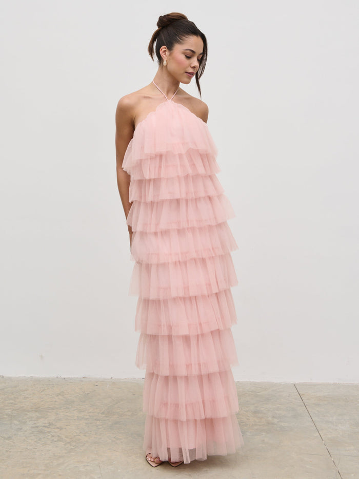 Elissa Is 5'8.5" & Wears Size UK 8|Carri Tulle Maxi Dress - Peony Pink