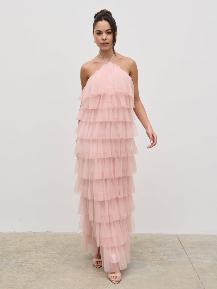 Elissa Is 5'8.5" & Wears Size UK 8|Carri Tulle Maxi Dress - Peony Pink