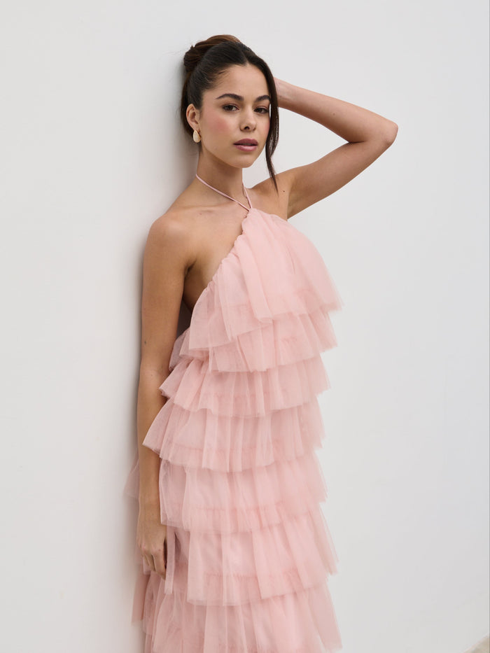 Elissa Is 5'8.5" & Wears Size UK 8|Carri Tulle Maxi Dress - Peony Pink