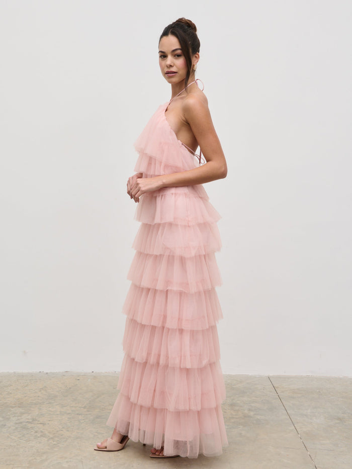 Elissa Is 5'8.5" & Wears Size UK 8|Carri Tulle Maxi Dress - Peony Pink