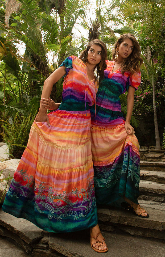 Catalina Tiered Maxi Skirt,color_coral