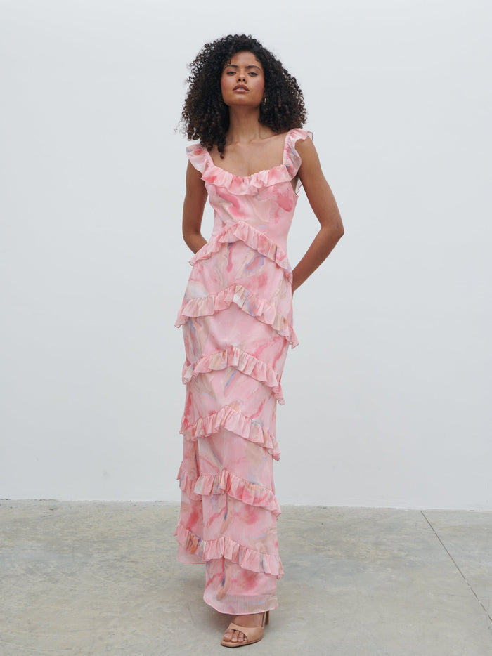 Graziela Is 5'9.5" & Wears Size UK 6|Cecile Scoop Neck Ruffle Maxi Dress - Pink Marble Ombre