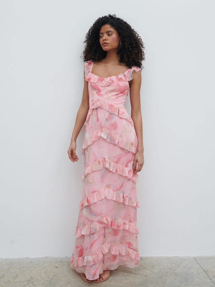 Graziela Is 5'9.5" & Wears Size UK 6|Cecile Scoop Neck Ruffle Maxi Dress - Pink Marble Ombre