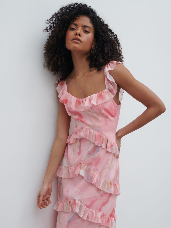 Graziela Is 5'9.5" & Wears Size UK 6|Cecile Scoop Neck Ruffle Maxi Dress - Pink Marble Ombre