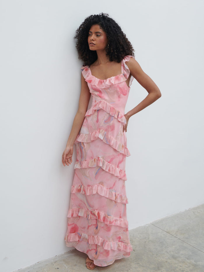 Graziela Is 5'9.5" & Wears Size UK 6|Cecile Scoop Neck Ruffle Maxi Dress - Pink Marble Ombre